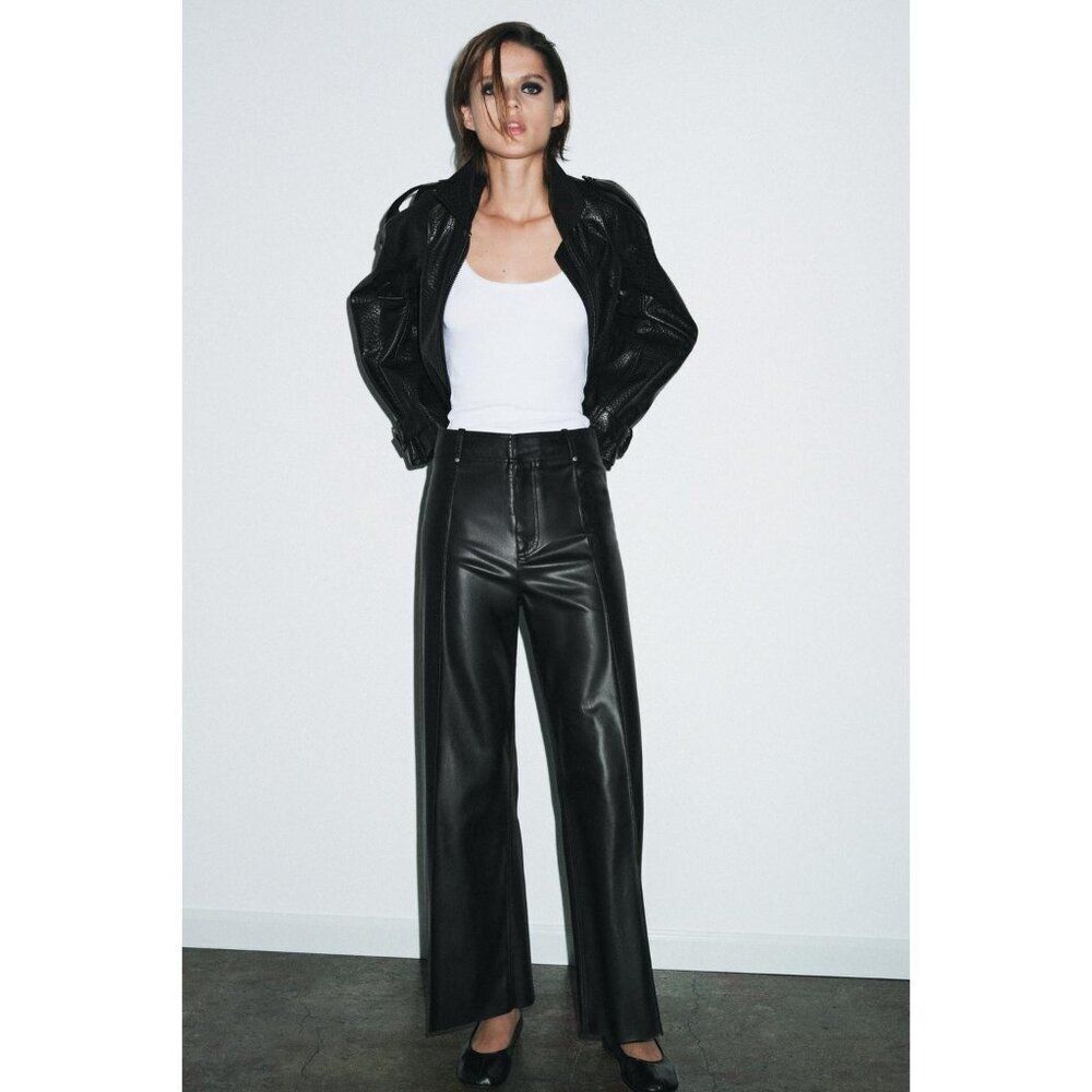 Zara Womens Pants EU 36 US 4 Black Faux Leather Wide Leg Trousers 3581/243 NWT